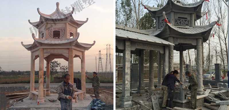 中式大理石涼亭安裝，石雕景觀亭子工廠，中式涼亭廠家